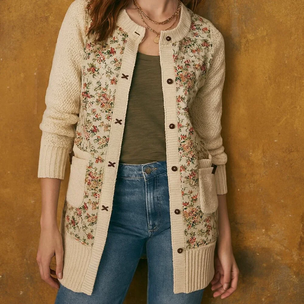 Anthropologie HWR Monogram Cotton Blend Floral Knit Cardigan - Picture 3 of 7